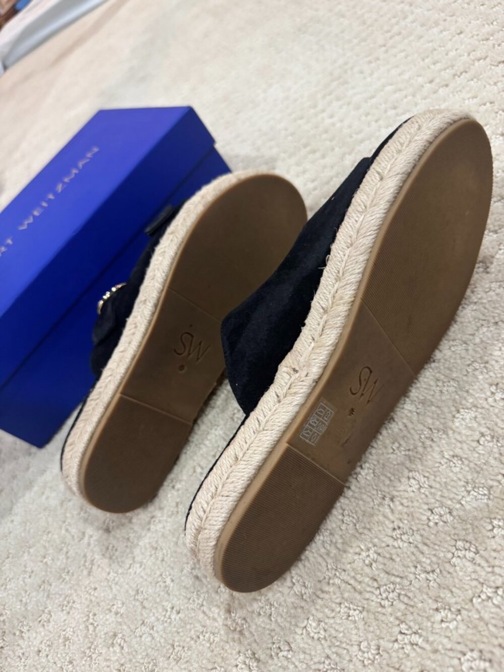 Stuart Weitzman Black Suede Espadrille Slide Sandals
